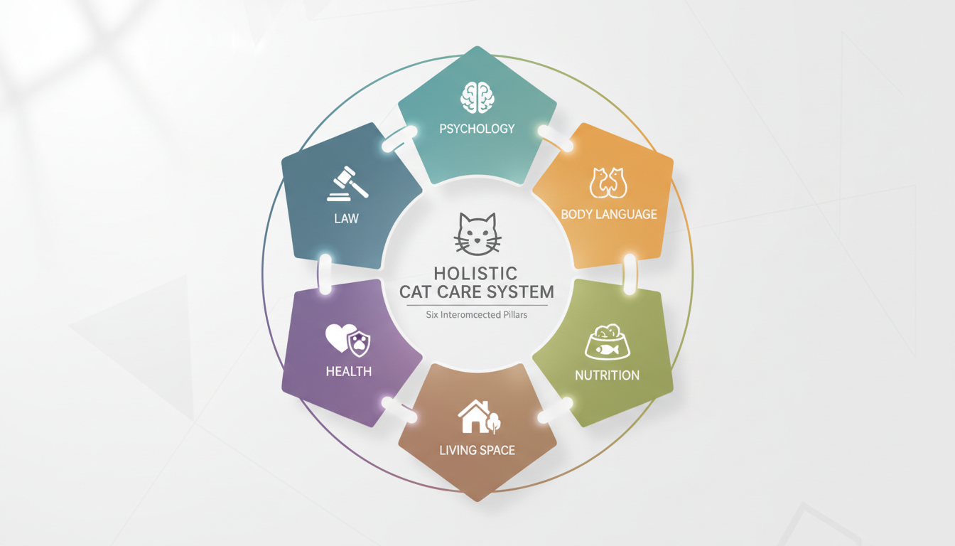 A professional infographic showing a holistic cat care system with six interconnected segments: Psychology, Body Language, Nutrition, Living Space, Health, and Law. Modern design, clean lines, professional aesthetic.